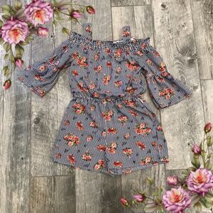 Cute cold shoulder striped and floral romper
